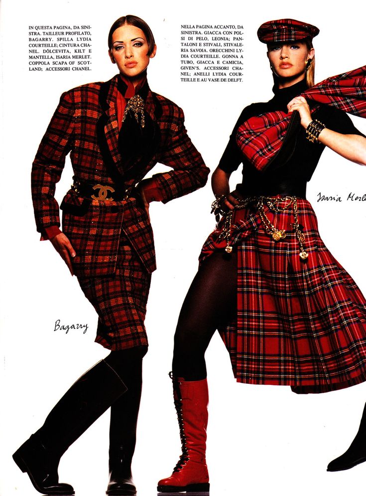 this image shows two women modeling in plaid outfits for a magazine advertisement. the woman on the left wears a red and black plaid suit with a black chanel belt and high black boots. the woman on the right wears a black top, a red and black plaid skirt with a large slit, red boots, and matching hat and scarf. accessories include jewelry and belts. there is descriptive text surrounding them.