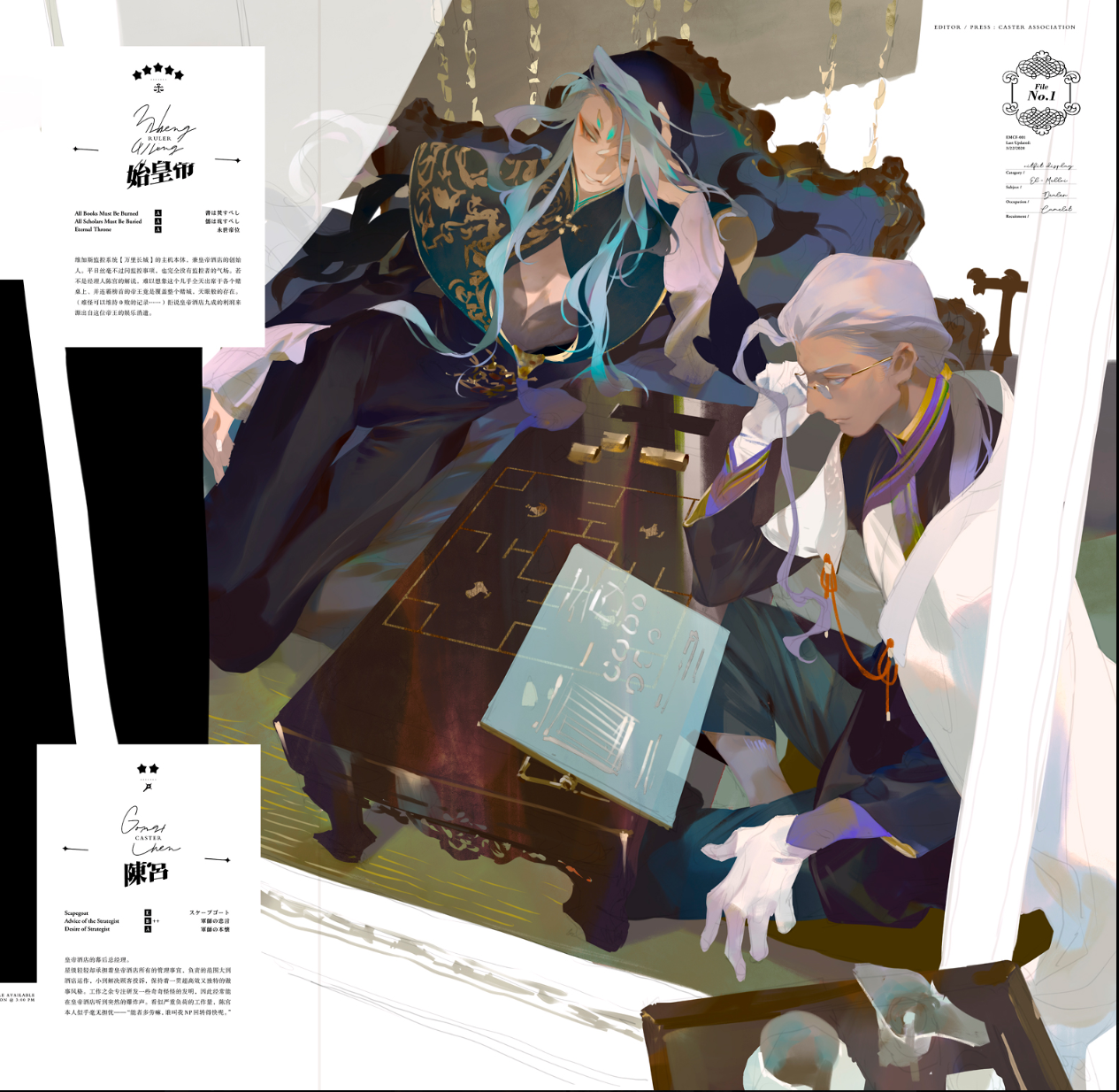 the illustration features two men in elaborate, historicalinspired attire. they are seated around a low table which holds a board game, books, and a tea set. the setting appears opulent, with intricate patterns and luxurious fabrics. one man with long, flowing hair leans back leisurely, while the other, with shorter hair and glasses, focuses intently on the game. the overall ambiance is one of sophisticated leisure.