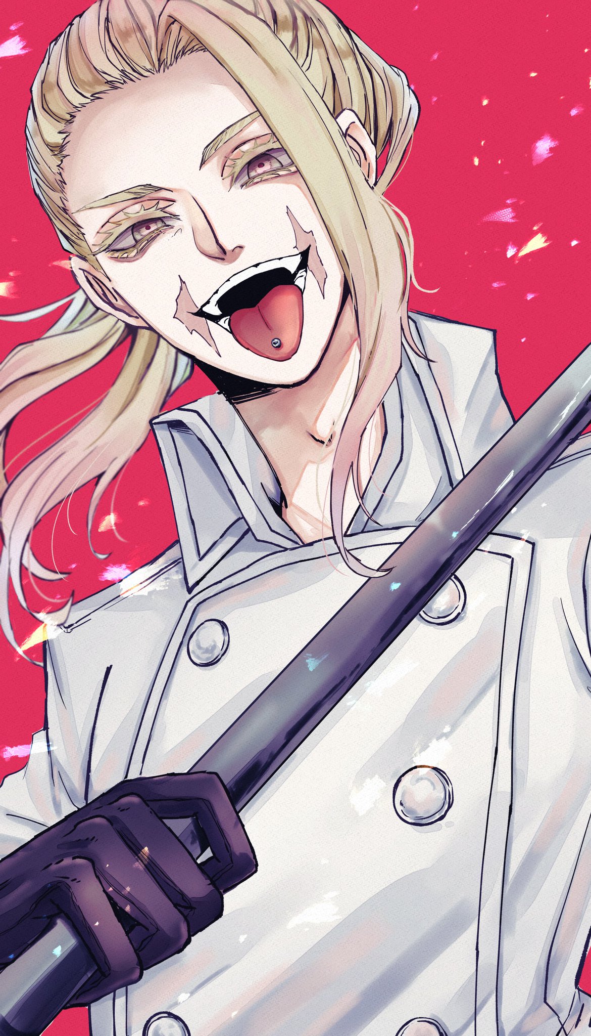 an anime character, a woman with long blonde hair, is wearing a white jacket with a black glove. she has a smirk on her face with her tongue out, and is holding a black weapon. the background is red with some sparkles. the art style is digital and has a cool, badass feel.