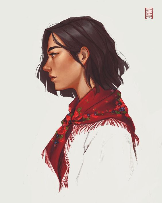 the illustration features a woman from the shoulders up, facing left, wearing a red floral scarf around her neck over a white shirt. she has a stern expression and short, dark hair. the background is a plain offwhite.