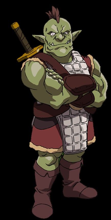 a cartoon illustration of an orc warrior. he is green with a fierce expression. he is wearing armor and holding a sword.
