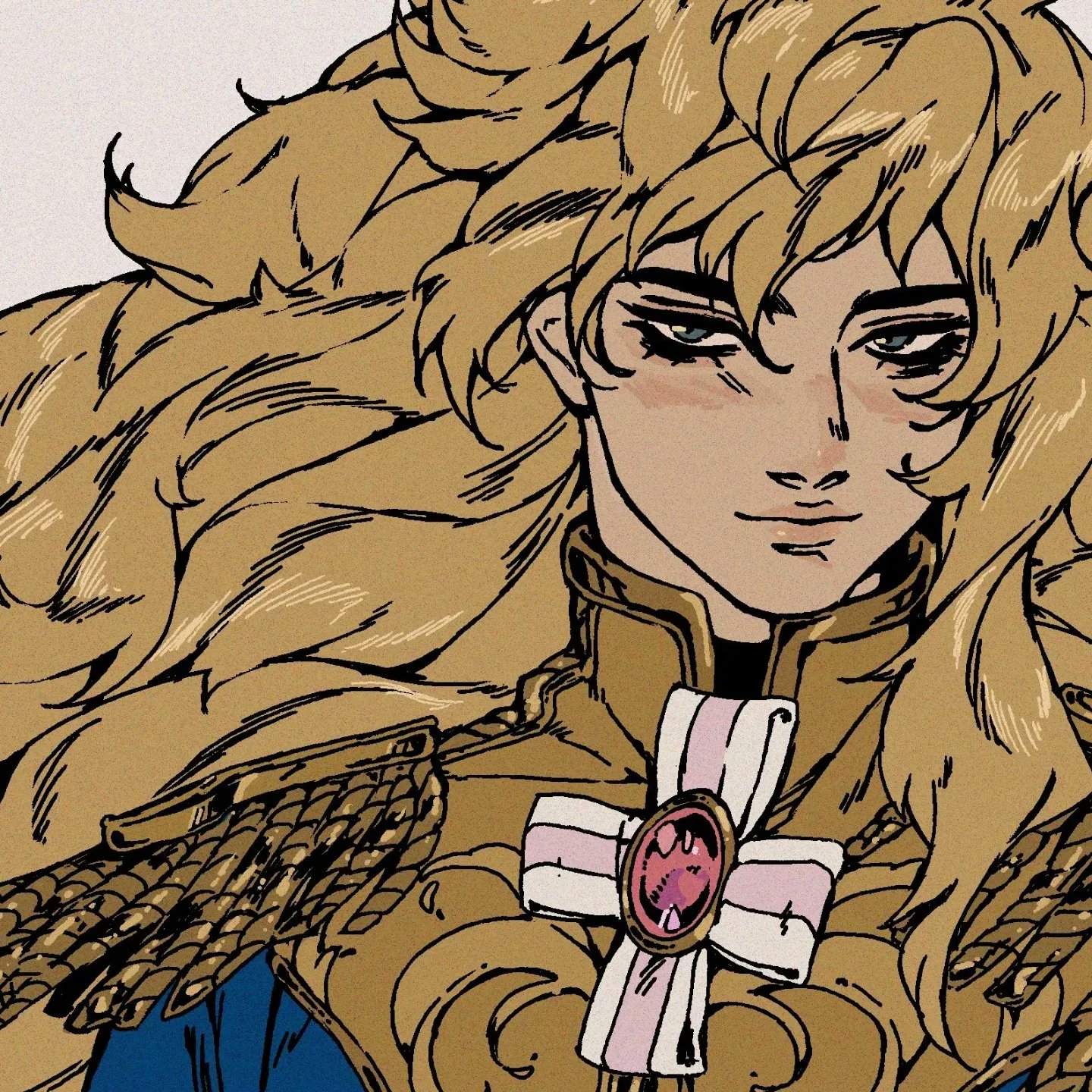 a closeup illustration of an anime character with long blonde hair, blue eyes, and wearing gold and blue clothing with a pink cross and ribbon. the character appears to be a warrior or soldier, with a serious and noble expression. the background is a simple light brown color.