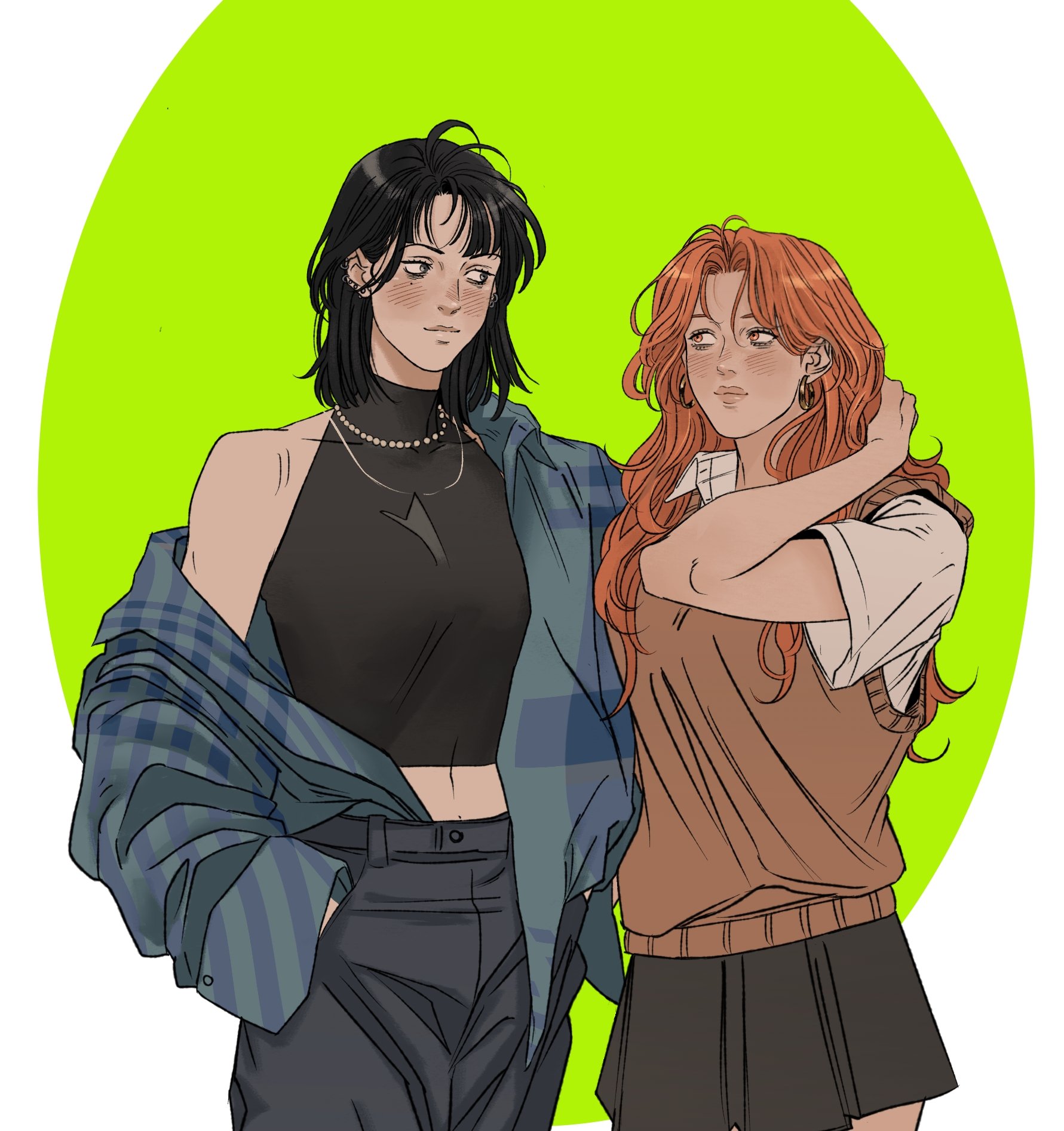 an animestyle illustration features two women standing close together against a bright green circular background. the woman on the left has short black hair, a black halter top with a subtle design, dark pants, and a blue and green flannel shirt draped over her shoulder. she wears layered necklaces and has a serious expression. the woman on the right has long red hair, a white shirt, a brown knit vest, and a dark skirt. she has her hand near her hair and also has a thoughtful expression. both women have earrings. the overall style is detailed with soft shading.