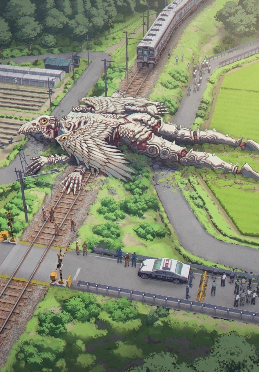 a giant, skeletal, birdlike monster lies sprawled across a rural landscape, its body draped over train tracks and a road. a train is stopped nearby, and police cars and first responders are on the scene. the scene suggests an intense confrontation or disaster, with the focus on the sheer scale of the creature and its impact on the otherwise peaceful environment.