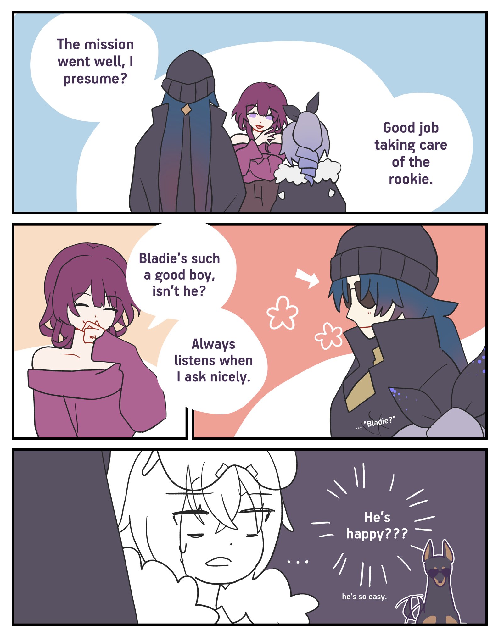 the image is a comic strip showing 4 anime characters.  the first panel shows a girl in a purple hoodie and a red bow in her hair.  she is talking to a girl in purple with a red bow on her head.  the girl in purple is holding a purple catlike creature with blue hair.  they are talking to a tall, dark haired person in a black hooded jacket and a black scarf.  the second panel has the girl in the purple hoodie talking to a boy with dark hair and a black beanie with a black jacket with a red scarf.  he is wearing sunglasses.  in the third panel, a boy with dark eyes is wearing a white hoodie.  the final panel shows the boy in the white hoodie standing near a dog.  they are all shown in a cute, animestyle.