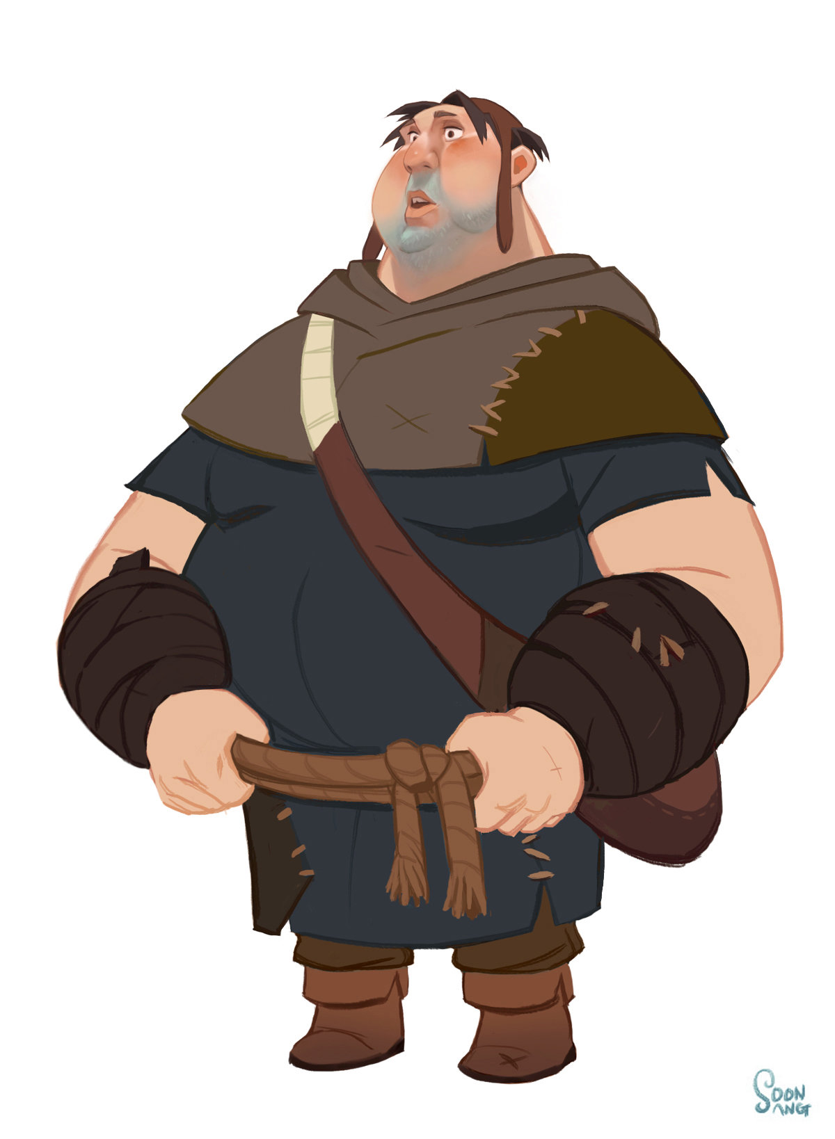 the illustration showcases a large, burly man with a stocky build and a rugged appearance. he has a full beard and his expression conveys a sense of wonder.  his attire consists of a dark, earthytoned tunic with torn edges, paired with matching pants. a brown leather belt cinches his waist, and a simple pouch hangs by his side.  his arms are adorned with thick, leather bracers.