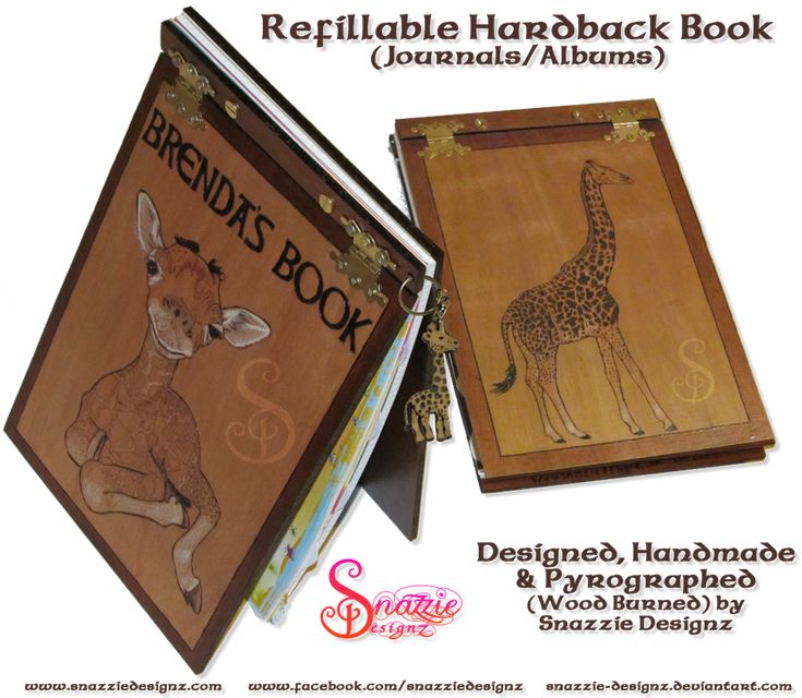 the image shows two refillable hardback books with wooden covers. the book on the left is open and has a woodburned image of a baby giraffe on the cover, with "brenda's book" written on it. there is a giraffe keychain attached. the book on the right is closed and has a woodburned image of an adult giraffe on the cover. the text "refillable hardback book (journals/albums)" is at the top, and "designed, handmade & pyrographed (wood burned) by snazzie designz" is at the bottom right. the snazzie designz logo and website information are also visible.
