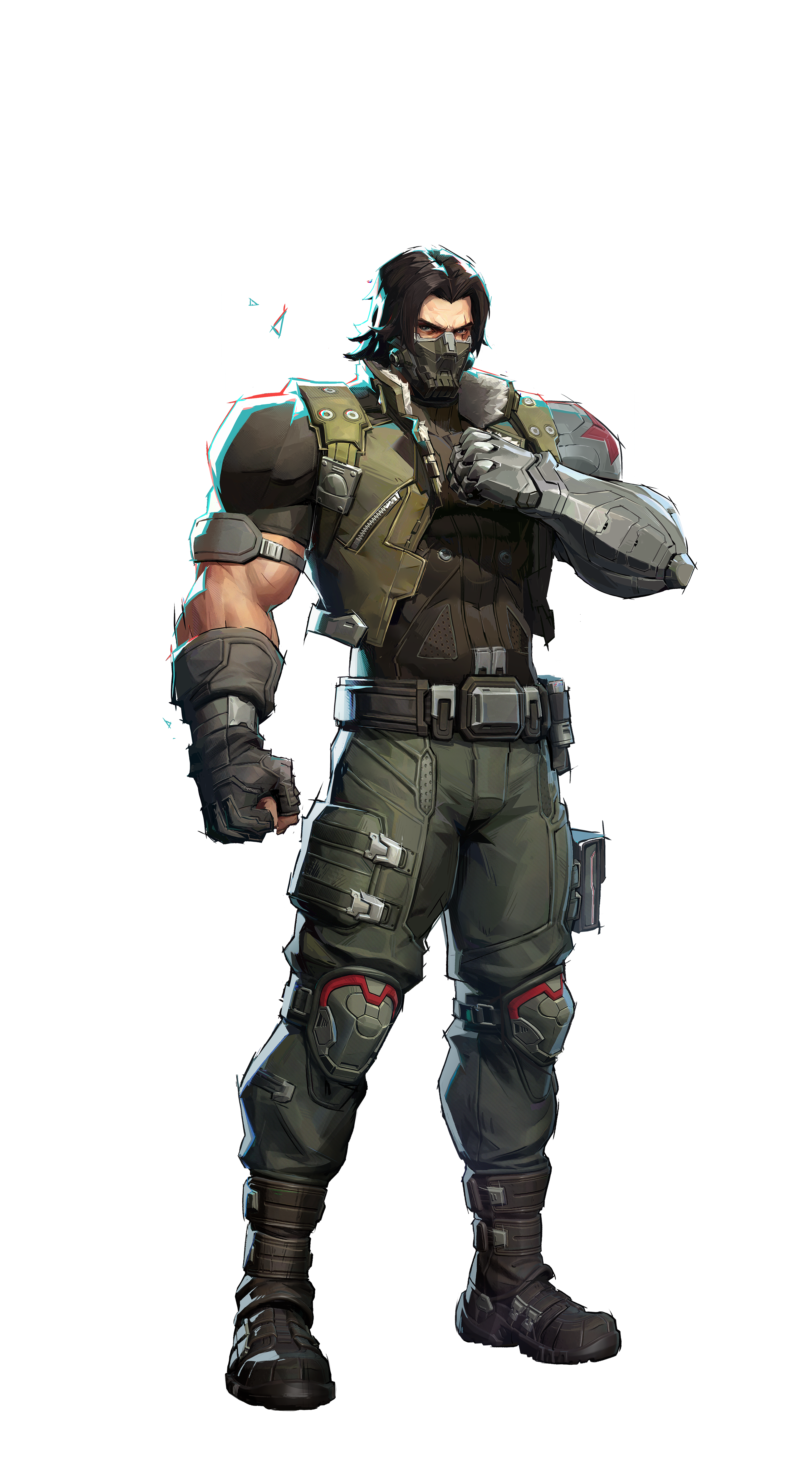 a full body shot of a mercenary character with a robotic arm and wearing a vest, pants, boots, and a mask, rendered in an anime style.