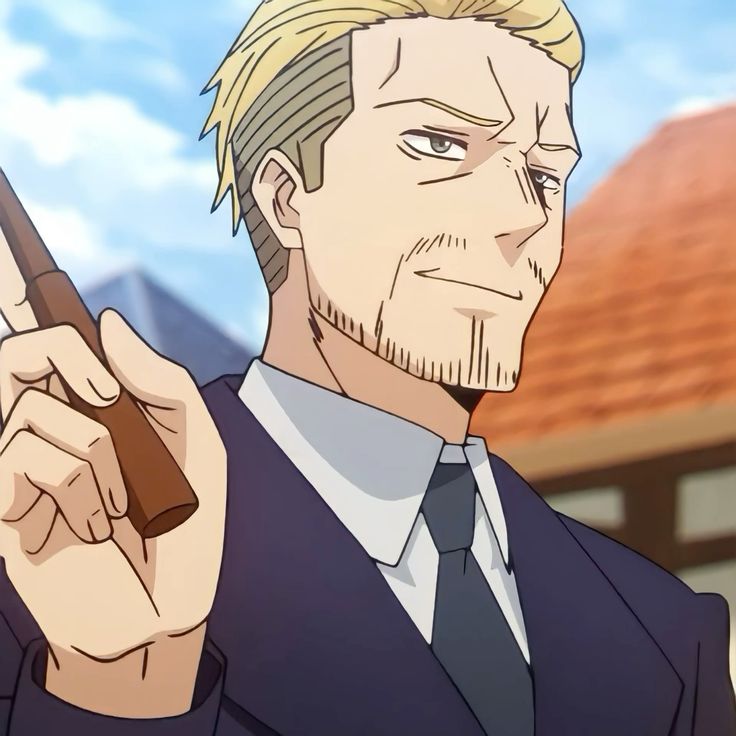 the image shows the upper body of an anime man in a suit and tie. he is holding a cigar and has a confident smirk. the background shows a building and the sky, suggesting an outdoor environment. the lighting suggests it's daytime.