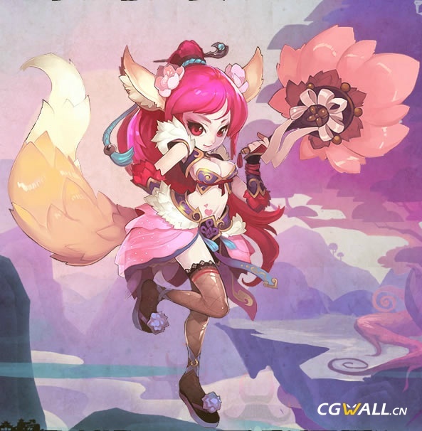 the image showcases a digital illustration of a whimsical fox girl. she has pink hair styled in a high ponytail, accentuated by a pink flower. her attire, a mix of pink and white, reveals her midriff and legs partially covered with fishnet stockings. she holds a large pink flower fan and strikes a playful pose with one leg raised. the background is a blend of soft purple and pink hues, hinting at a fantastical setting.