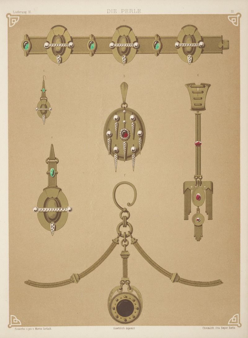 the image is a vintage illustration titled "die perle" featuring various jewelry designs. the designs include a belt with oval medallions and green gemstones, several pendants with red and green gemstones, a pair of earrings, and a necklace with a circular pendant. the style is reminiscent of art nouveau, with intricate details and stylized forms. the jewelry is rendered in shades of gold, with red and green gemstones adding pops of color. the overall aesthetic is antique and ornate, showcasing the elegance of vintage jewelry design.