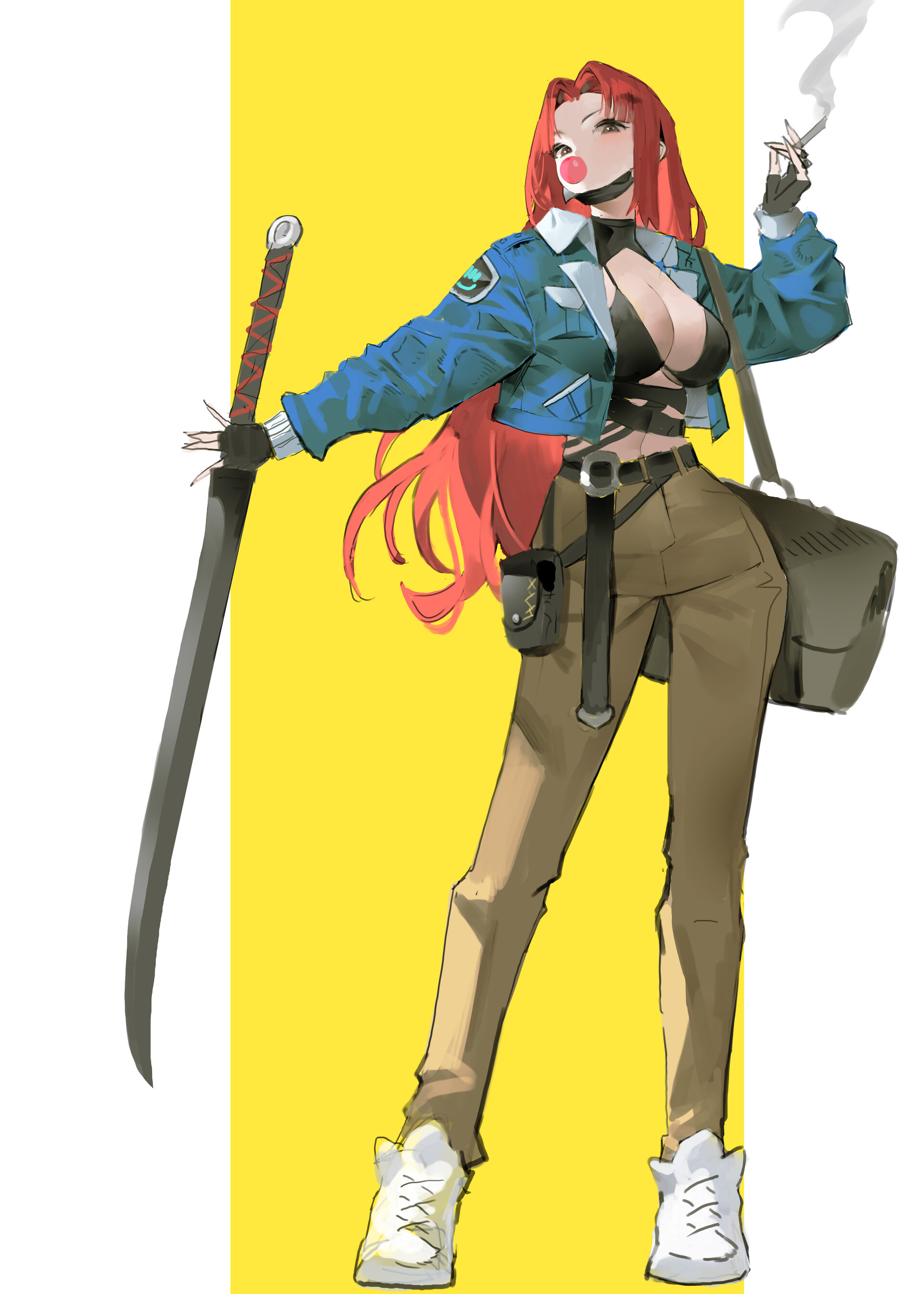 a fullbody anime illustration of a redhaired woman. she has a bubblegum in her mouth and is smoking a cigarette. she is wearing a blue jacket, a black crop top, khaki pants, and white sneakers. she is holding a katana and has a cross body bag. the background is yellow and white.