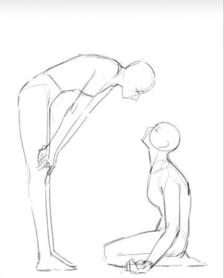 a sketch of two figures, one kneeling and looking up while the other is bent over and looking down. it's a simple line drawing, focused on the pose and gesture of the figures. the lines are light and there are no details of faces or clothing. it could represent a variety of interactions between the two, but it's open to interpretation.