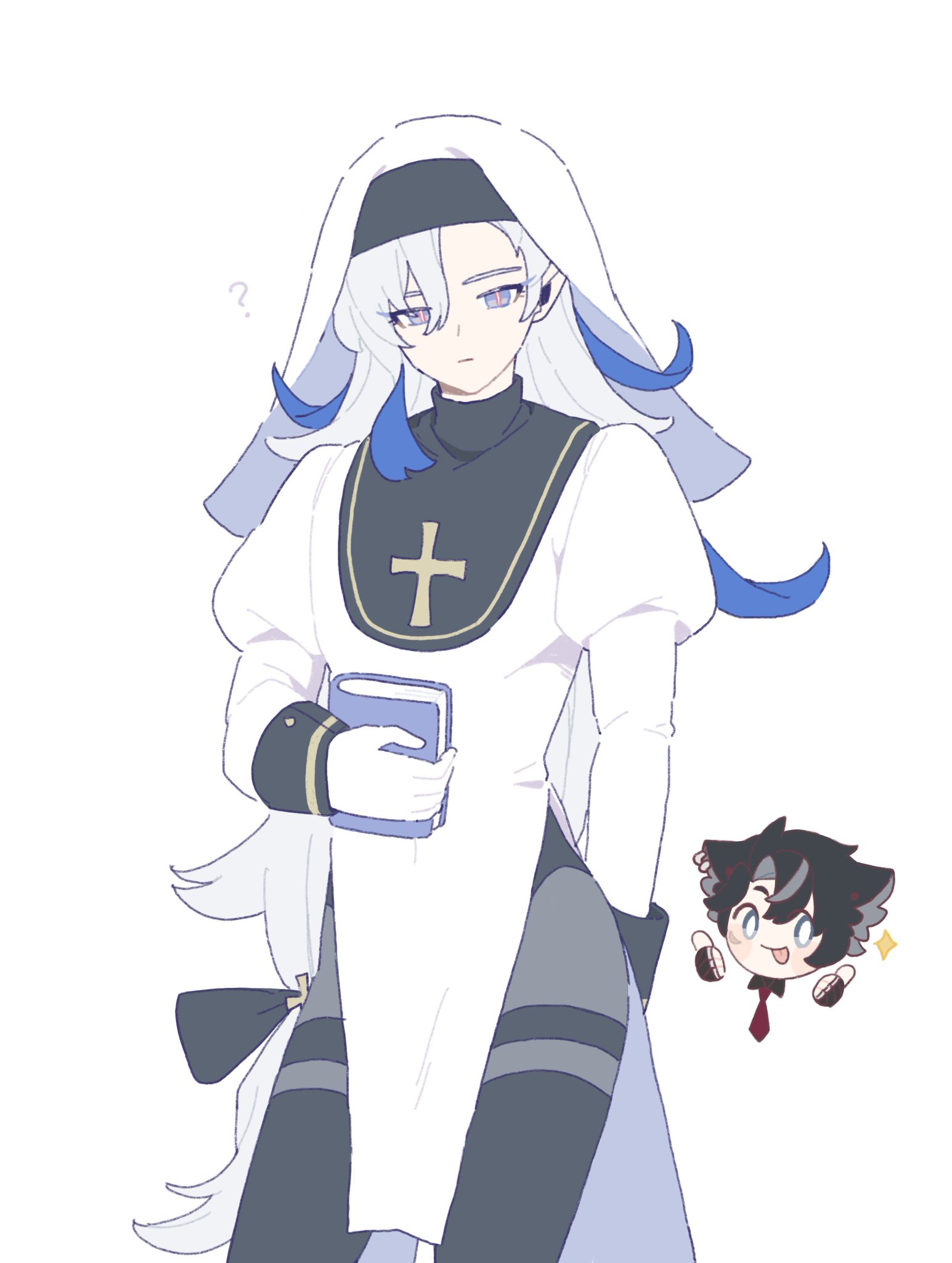 the image is a digital drawing in a soft, pastel anime style.  it features a young woman with long, predominantly white hair accented with blue streaks. she's dressed in a white nun's habit with a dark grey/black undershirt and a cross on the chest. she holds a book and has a slightly pensive expression.  beside her, a much smaller, chibilike character resembling a cat or other small animal is looking at her, adding a touch of whimsy to the scene. the overall mood is gentle and slightly mysterious.