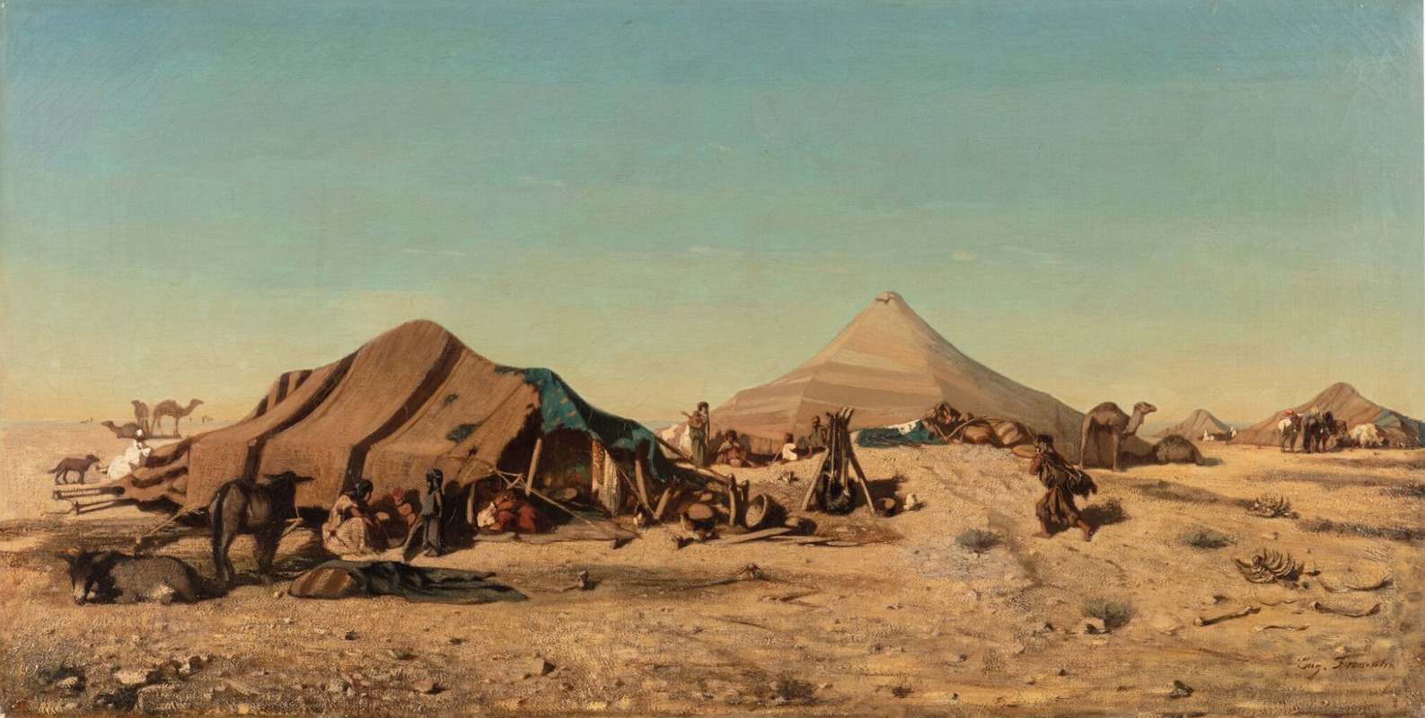 a wide, arid landscape depicts a nomadic encampment in a desert setting. several large, brown tents dominate the scene, with people and animals clustered around them. camels and horses are present, along with figures dressed in traditional garments. some individuals are seated or lying down, while others are engaged in various activities around the tents. the terrain is dry and barren, with sparse vegetation and scattered bones visible on the ground. the sky is a clear, pale blue. the overall impression is one of a transient community existing in a harsh environment.