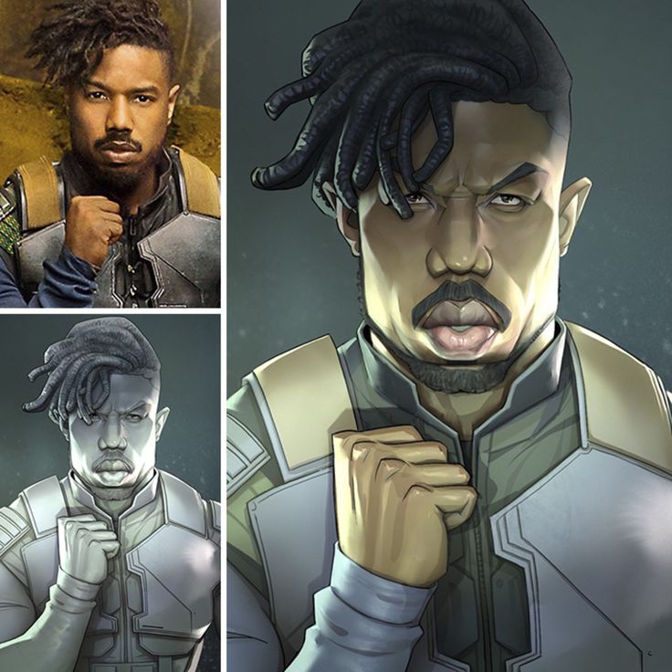 the image shows a collage featuring michael b. jordan as killmonger from the movie black panther. on the left, there's a photograph of the actor in costume. to the right is a stylized, comic art illustration of the same character in a similar pose with a clenched fist and an angry expression. below the photograph is a grayscale version of the illustration.