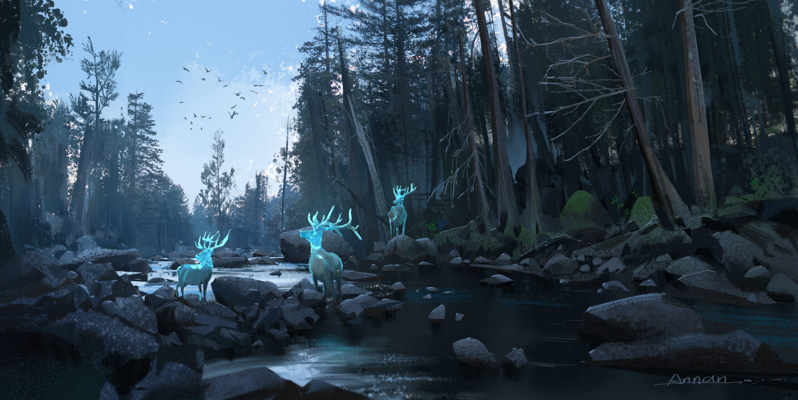 the image showcases a captivating scene within a forest, featuring a flowing river in the foreground. three deer, seemingly mystical with a faint blue glow emanating from their bodies, stand gracefully on rocky outcrops along the riverbank. the surrounding environment is characterized by a blend of lush greenery and towering trees, creating a sense of tranquility and enchantment. the lighting suggests a dusk or twilight setting, casting soft shadows and highlighting the ethereal glow of the deer. the overall composition evokes a sense of wonder and mystery, inviting viewers to immerse themselves in the beauty of this magical forest realm.