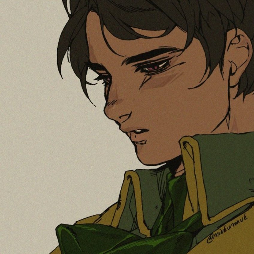 a closeup illustration of a young man with dark hair and red eyes, shown in a sad and serious expression. he is wearing a green military uniform and has a shadow on his face. the drawing style is very detailed and realistic, with smooth lines and subtle shading. the background is a simple light green color, which helps to focus attention on the character's face. the overall mood of the image is somber and melancholic.
