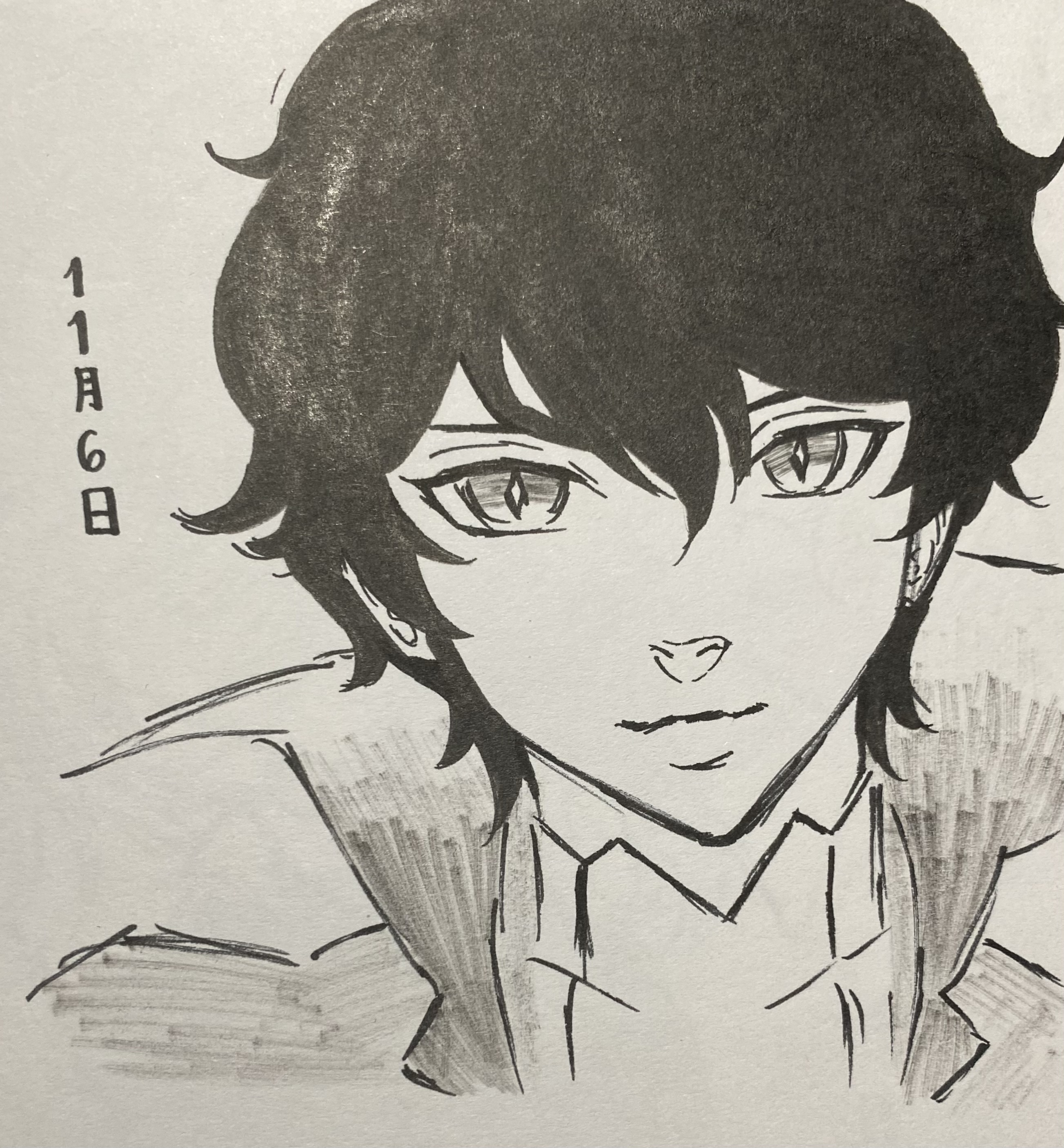 detailed black and white sketch of an animestyle male character. the drawing focuses on his face and upper body, showcasing his intense gaze and serious expression. his dark hair is styled neatly, and his clothing suggests a formal or sophisticated look. the artist's skillful use of shading creates depth and texture. the date "11月6日" (november 6th in japanese) is written in the upper left corner.  the style suggests it may be fan art or an original character drawing in a manga style.