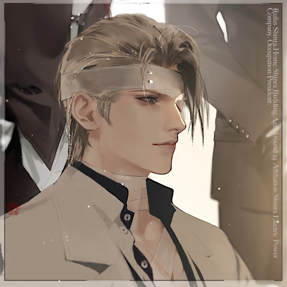 a close up portrait of rufus shinra, a character from the final fantasy vii video game. he has white hair, white eyes, and is wearing a white shirt, black tie, and blazer. he is also wearing an eye patch. the image is in an anime style.
