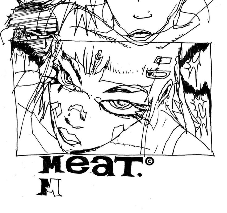 a black and white drawing of a person with long hair, showing only the eyes, nose, and mouth, with the text "meat" below. the drawing is done in a simple, stylized style, with bold lines and a focus on expression. the person's eyes are wide and intense, suggesting an emotional state of fear or anger. the lines are scratchy and irregular, contributing to the sense of urgency and drama. the text "meat" below the drawing is in a bold, simple font, suggesting that it is a title or a label. overall, the drawing is a powerful and suggestive piece of art that uses line work and expression to create a strong sense of emotion and narrative.