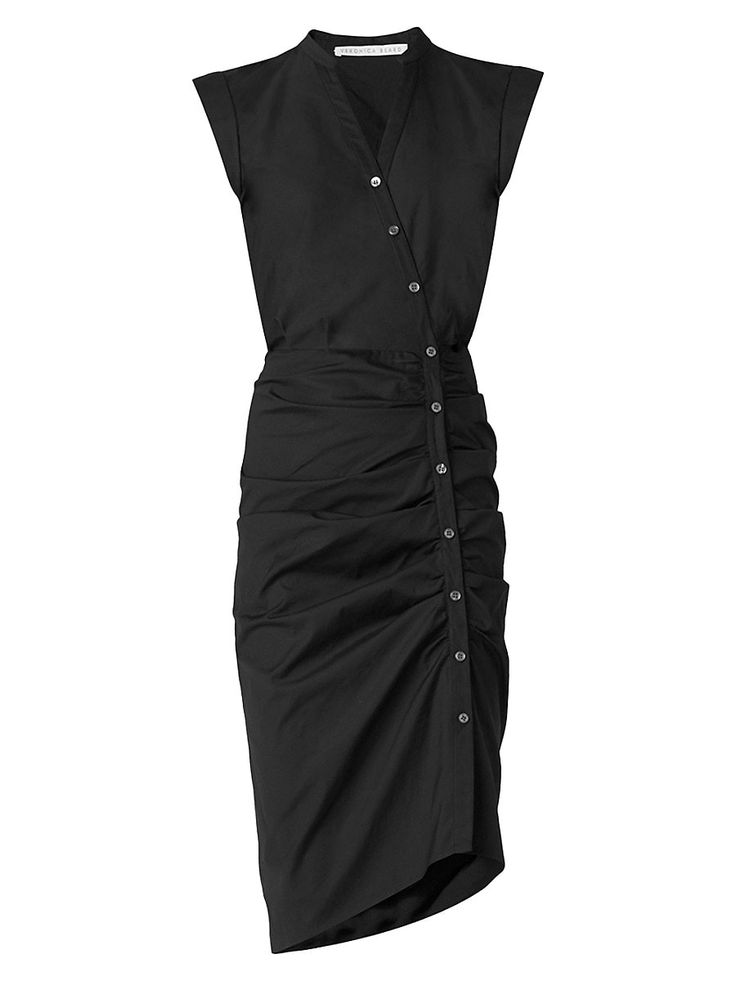 a black sleeveless dress with a vneckline and button up front. the dress is casual and perfect for summer. the dress is also available in a variety of other colors.
