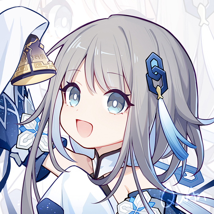 this is a digital illustration of a young anime girl with white hair and blue eyes. she is wearing a traditional chinese dress. the girl is smiling and looking happy.  the illustration is in a cute and kawaii style. she is holding a bell  in her hand.