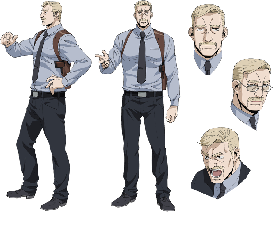 this is a character design sheet for an adult male character, likely a detective or law enforcement officer. the sheet showcases the character in various poses and expressions, providing a comprehensive visual reference for animators or artists. his attire consists of a blue shirt, black pants, and a shoulder holster, further suggesting a profession in law enforcement.