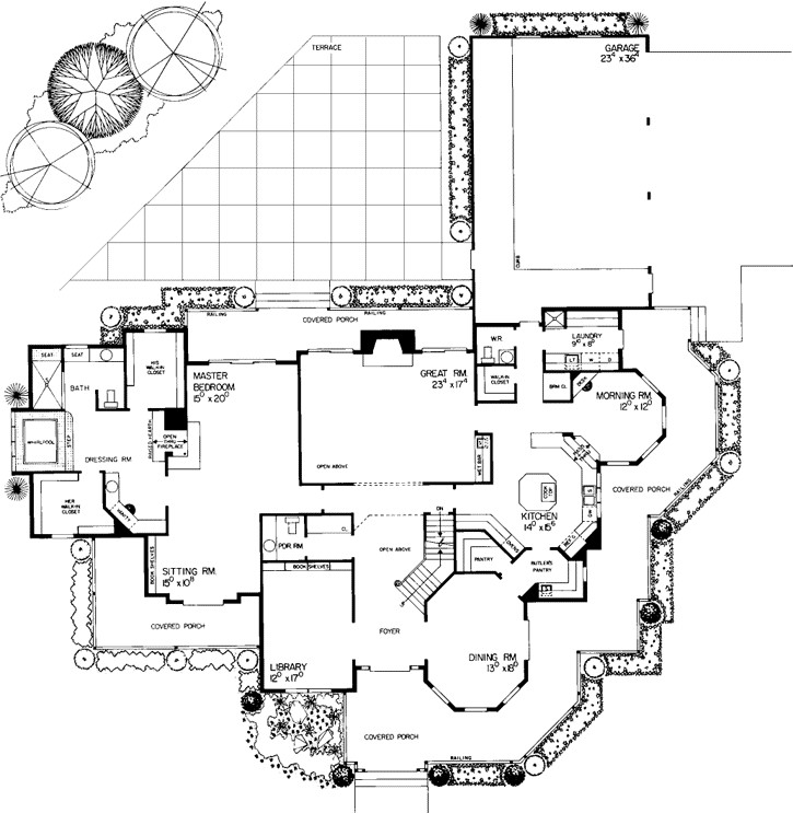 this is a topdown floor plan of a singlefamily house that features multiple bedrooms, bathrooms, a garage, and more.