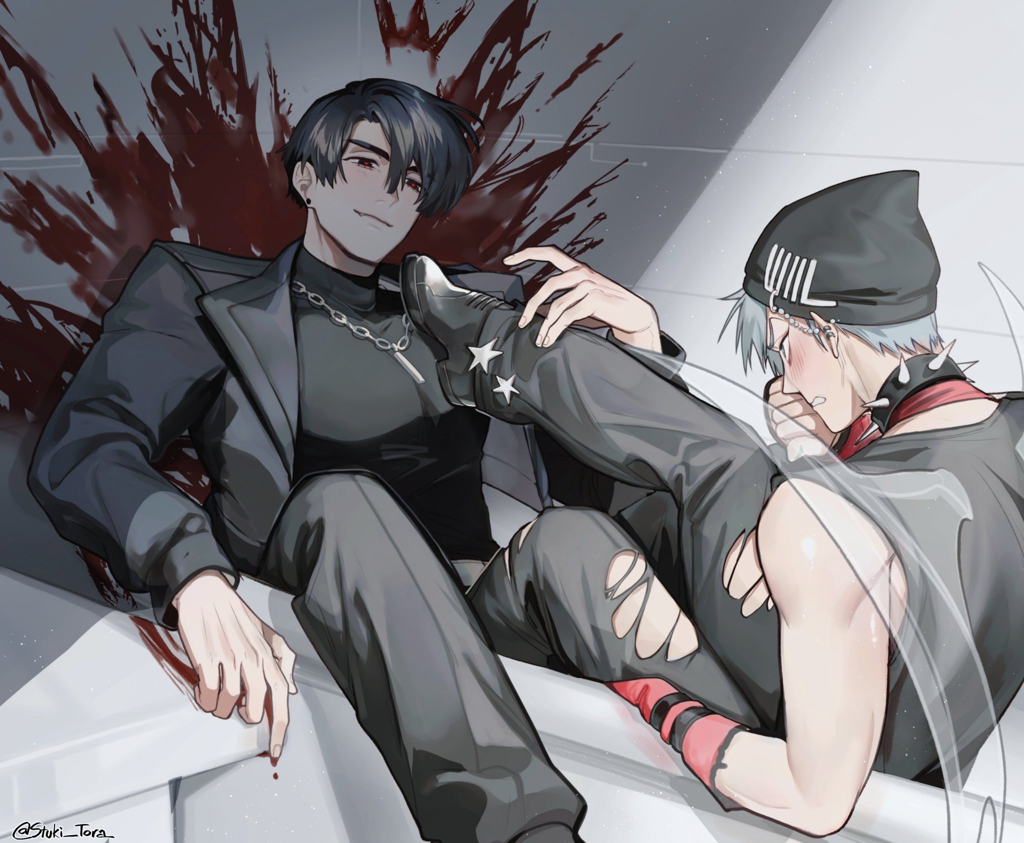 this image is an animestyle drawing. it features two male characters in a dramatic scene. one character is wearing a black suit and is leaning against a wall covered in red blood splatter. he is holding his hand on the other character's leg who is wearing a black and red ripped outfit. there are several red streaks on the white wall behind them. the image implies a sense of urgency and danger.