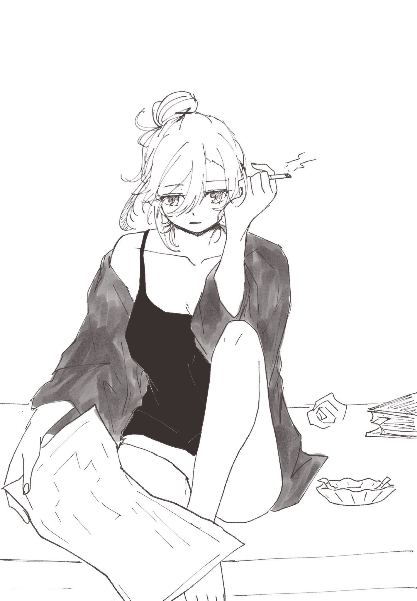 a young woman with long hair sits casually with her legs crossed, smoking a cigarette and looking thoughtful. she is wearing a loose dress and appears to be relaxed and carefree. she is surrounded by papers and a messy table, giving the impression of a cluttered and casual space.