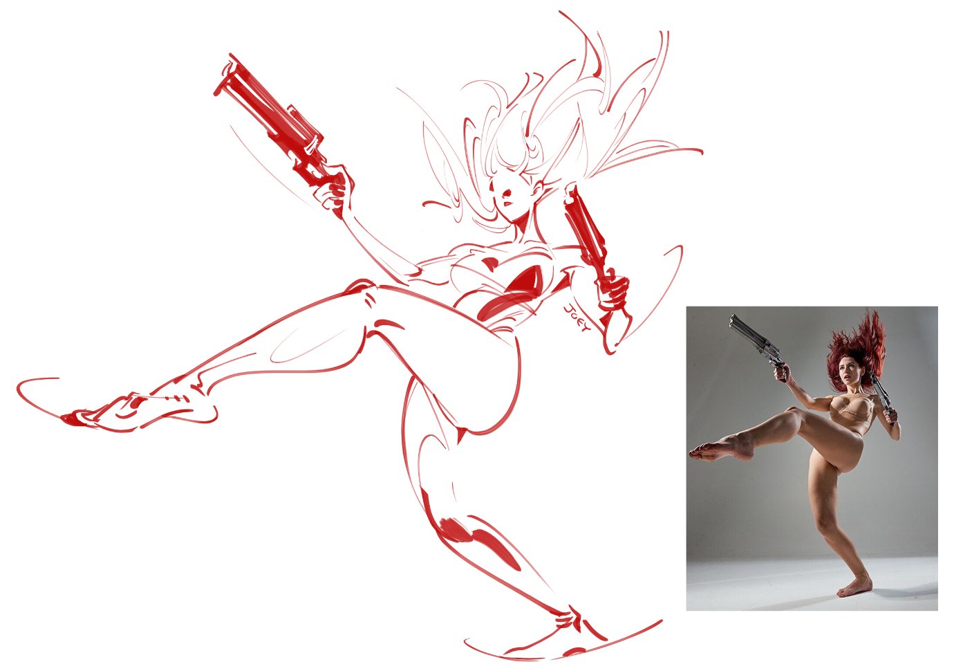 a line drawing of a woman in a dynamic fighting pose, holding two guns. the drawing is done in red and is very stylized. the woman is depicted as being very powerful and confident. there is a photo of the same woman in the same pose in the background, which gives context to the drawing. the image is a dynamic and energetic composition.