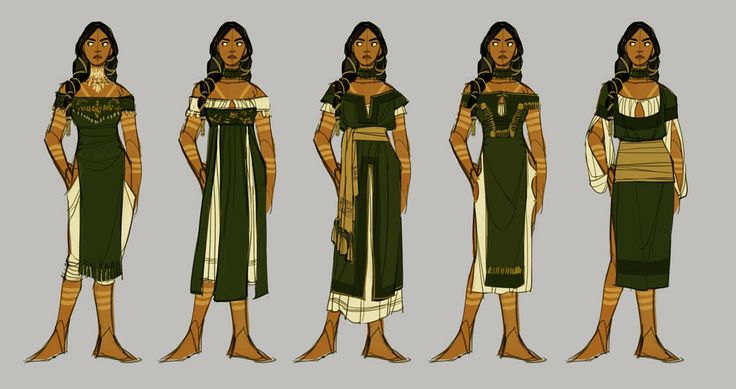 the image features 5 illustrations of a woman in different outfits. each woman is wearing a green dress with various accessories, including a necklace, belt, and sash. the woman in the first illustration has a shorter dress and is wearing a white undergarment. the woman in the second illustration has a longer dress that is more fitted, and is wearing a white underskirt. the woman in the third illustration is wearing a green dress that is cinched at the waist, and is wearing a yellow sash. the woman in the fourth illustration is wearing a green dress with a vneckline, and is wearing a white underskirt. the woman in the fifth illustration is wearing a short green dress, and is wearing a white underskirt and a gold belt.  the image is drawn in a digital, cartoon style, and has a warm color palette.