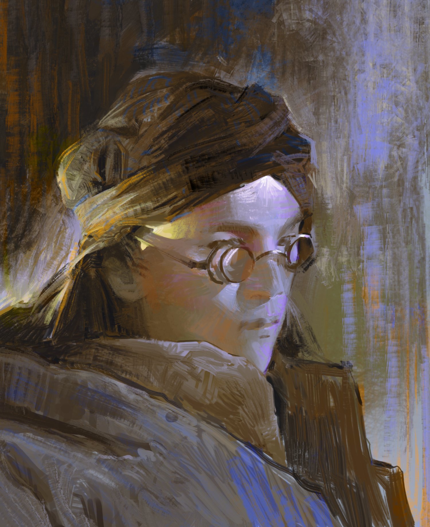 a painting of a woman wearing a turban and glasses. the woman is looking down, and the painting focuses on her head and shoulders. the painting is done in a painterly style, with loose brushstrokes and muted colors.