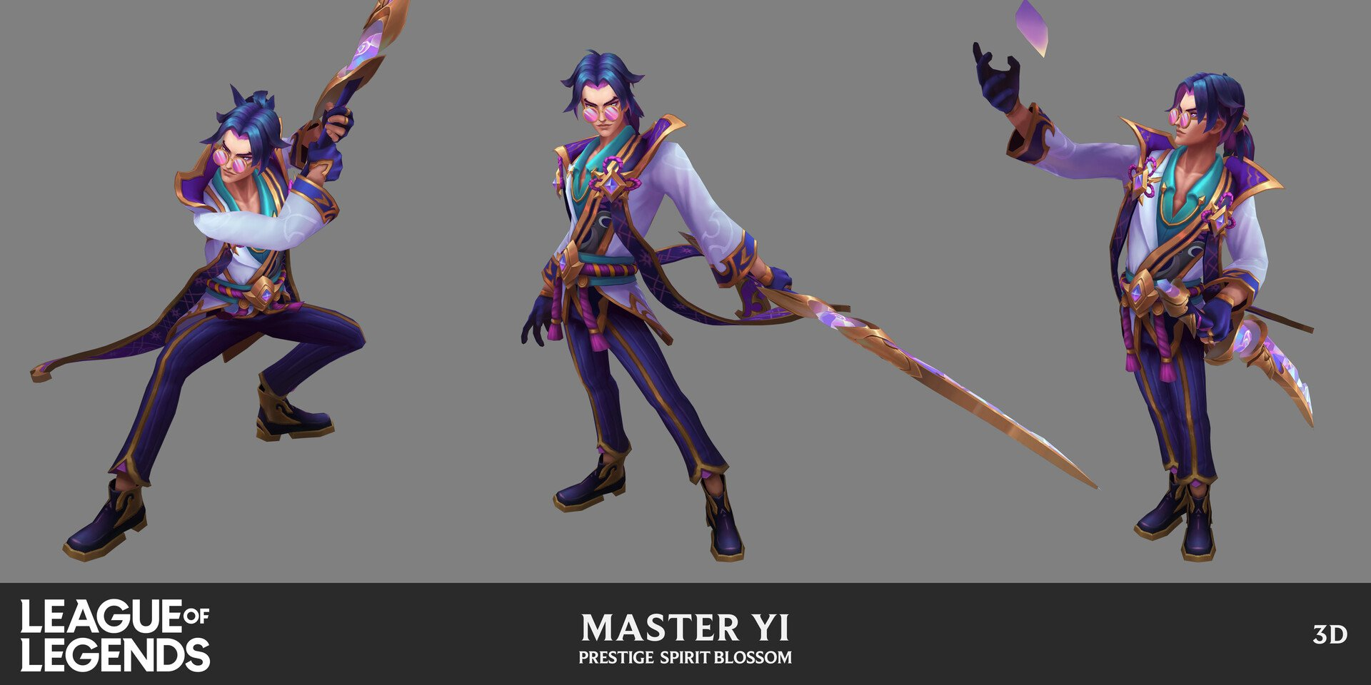 this image showcases three different 3d renders of master yi's prestige spirit blossom skin from the video game league of legends. each render presents master yi in a unique pose, highlighting different aspects of his design. he's depicted in an elaborate, fantastical outfit with a color scheme of purple, gold, blue, and white. the character is wielding his iconic swords, exhibiting both dynamic and elegant stances. the background is a neutral gray, keeping the focus on the detailed character model. the league of legends logo is prominently displayed at the bottom, and the text "master yi" and "prestige spirit blossom" clearly labels the character and skin.  the "3d" label further reinforces the nature of the image as a 3d model rendering.