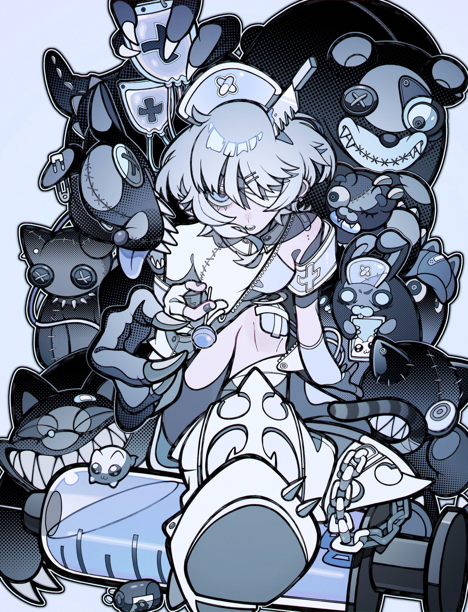 this is an image of an anime girl dressed as a nurse. she is surrounded by plushie stuffed animals, including a teddy bear and a cat. the girl is holding a syringe in her right hand and her left hand is holding a small bottle. the art style is in a cartoon style. the image uses a black and white color scheme.