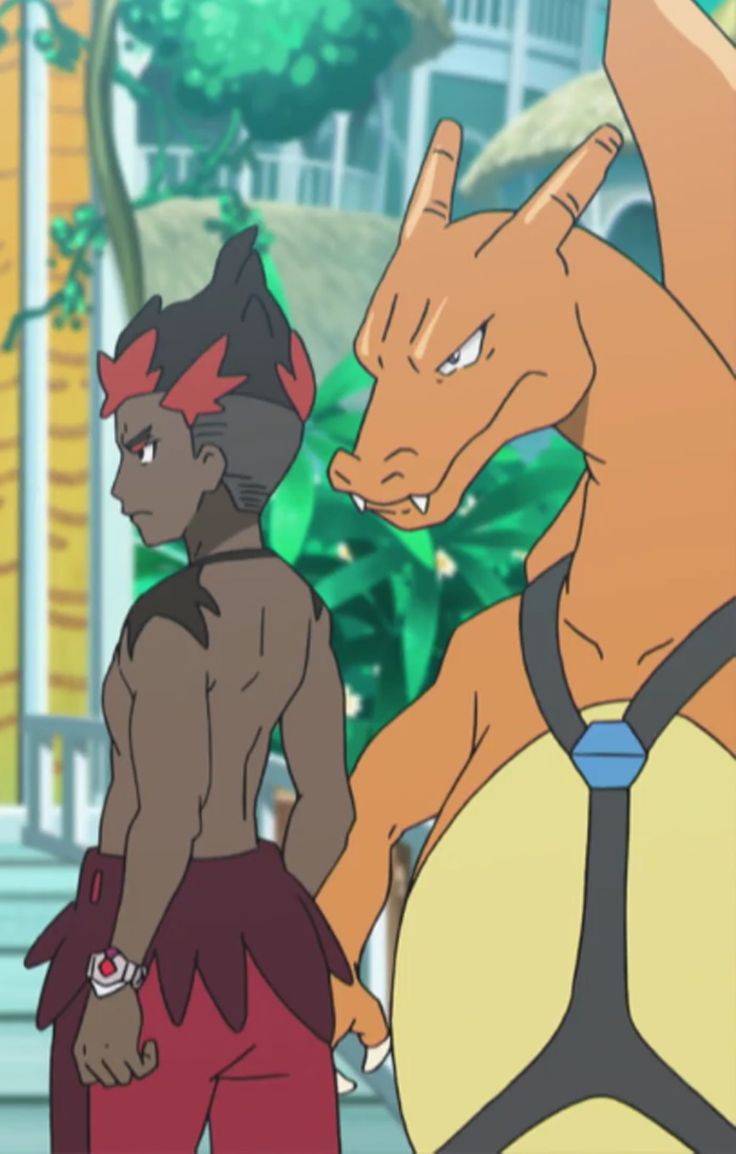 a side view of a charizard pokémon and its trainer. the charizard is an orange and yellow dragonlike pokémon. the trainer is a muscular human with red hair, red pants and a black shirt. the trainer and charizard are standing outdoors near some lush green grass and a building. the sun is shining.