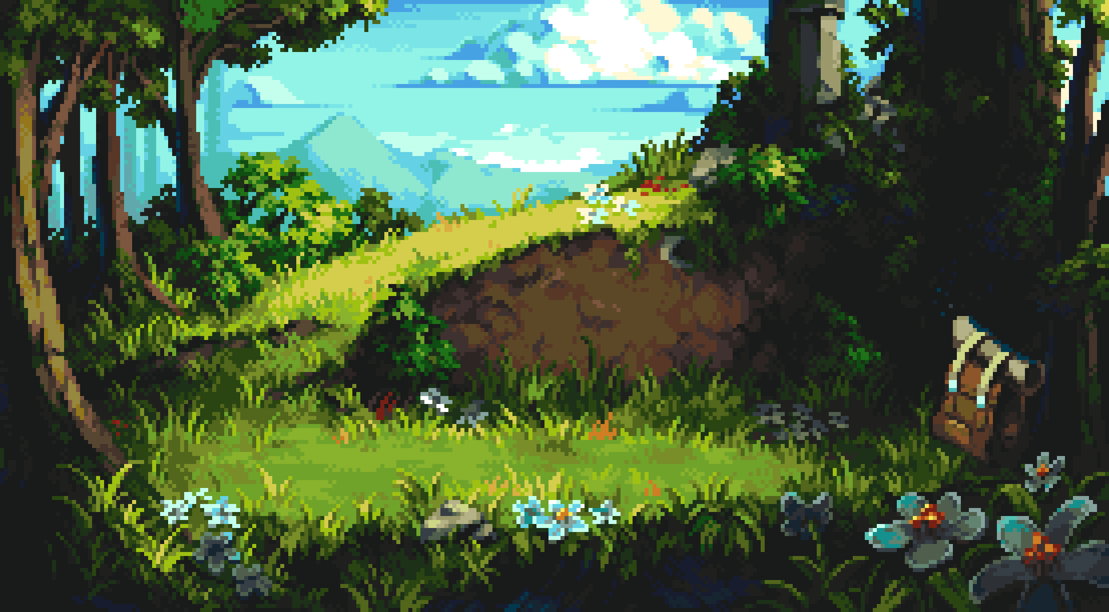 a pixel art landscape featuring a lush green forest with a path leading up a grassy hill. in the background, mountains and a cloudy sky are visible. trees frame the scene, and various flowers are scattered throughout the grass. a backpack rests near the edge of the forest, and ruins can be seen on the hill. the overall scene is serene and depicts a natural outdoor environment.