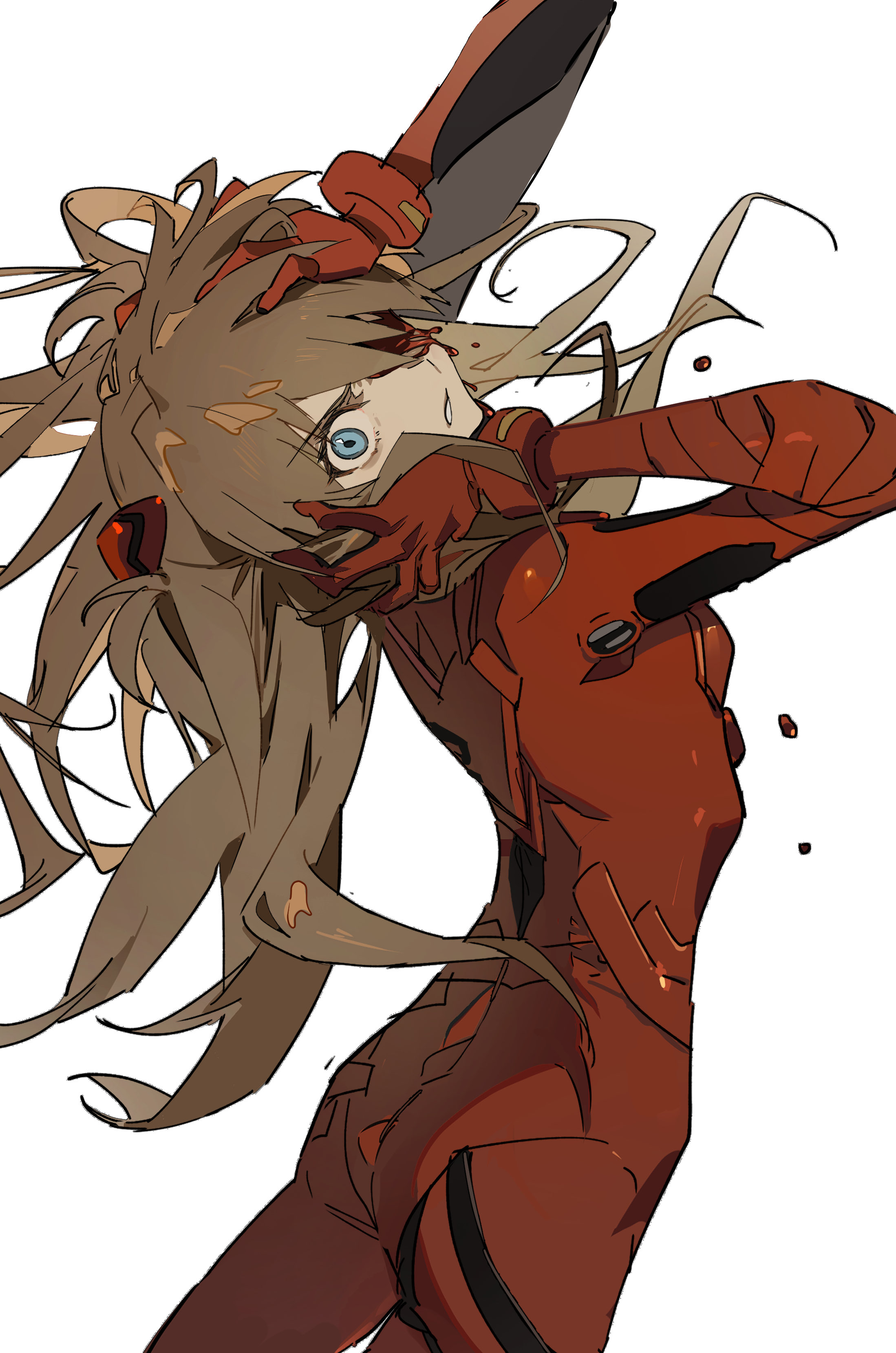 the image is a digital painting or illustration of an animestyle female character. she appears to be in the midst of a dynamic action scene, possibly fighting or falling.  her long brown hair is windblown and disheveled, and she's wearing a red bodysuit or suit that shows signs of wear and damage.  there's some suggestion of blood or injury on her face and body. the art style is expressive and energetic, with bold lines and colors. the overall mood is intense and dramatic.  her large blue eye stands out against the red tones of her suit and her messy hair.