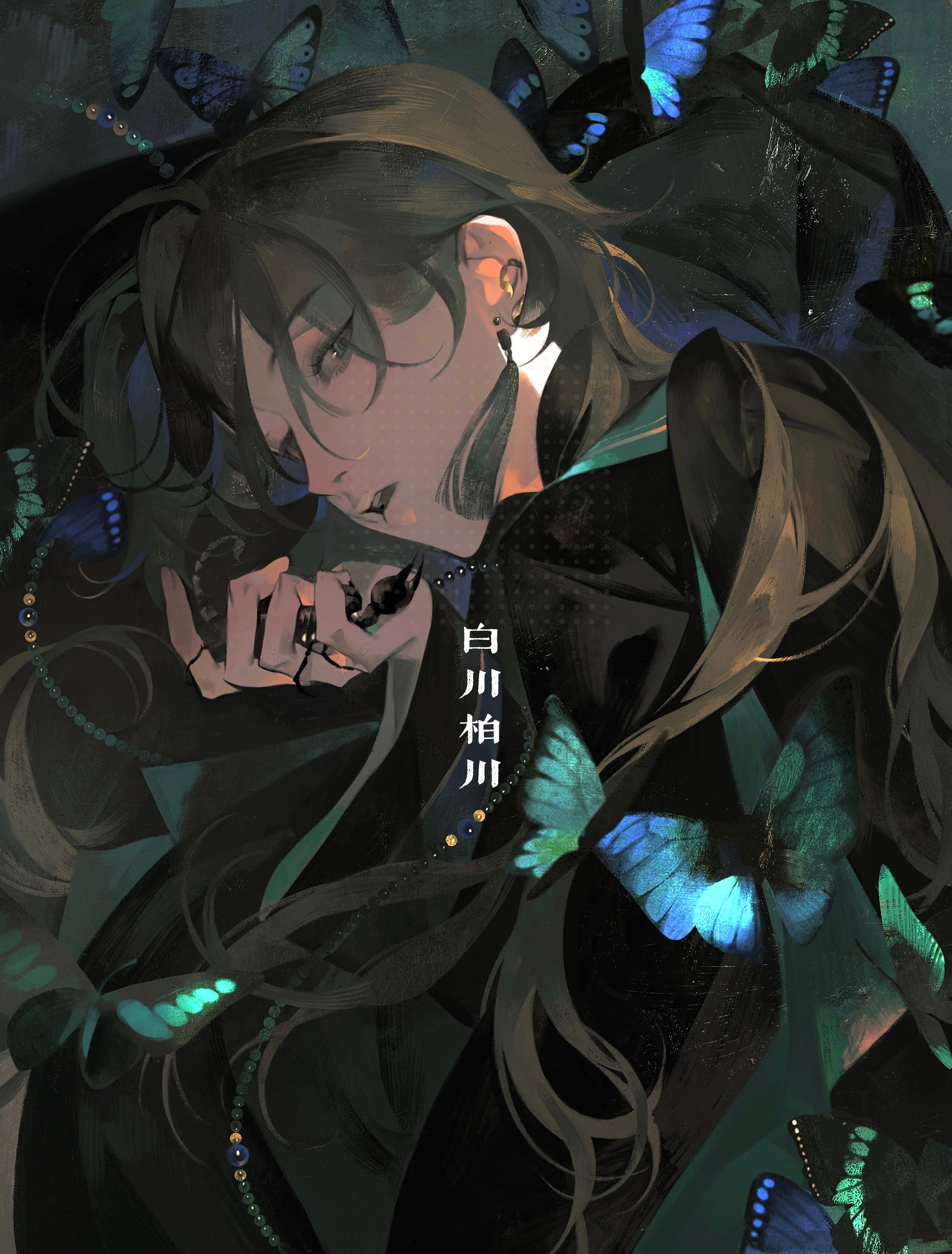 the image is a digital painting of an anime girl with long, dark hair. she is wearing a black outfit and has a necklace of green and blue beads. her eyes are dark, and her face is obscured by her long hair. she is surrounded by a large number of butterflies, all in shades of blue and green. the background is dark, and the overall feeling of the image is mysterious and elegant.