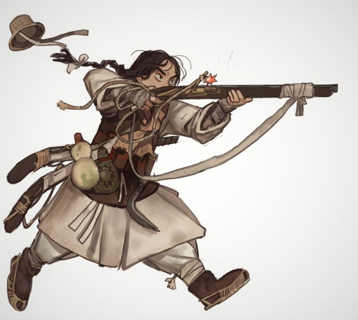 the illustration depicts a dynamic image of a korean female warrior in traditional clothing, midstride while aiming and firing a musket. she is depicted with a determined expression, wearing a modified hanbok (korean traditional dress) and carrying various accessories and pouches.  her hat is flying behind her, adding to the sense of movement and action. the style is painterly and evocative, mixing fantasy and historical elements. the overall color palette is muted browns, beiges, and whites, giving a sense of age and authenticity.