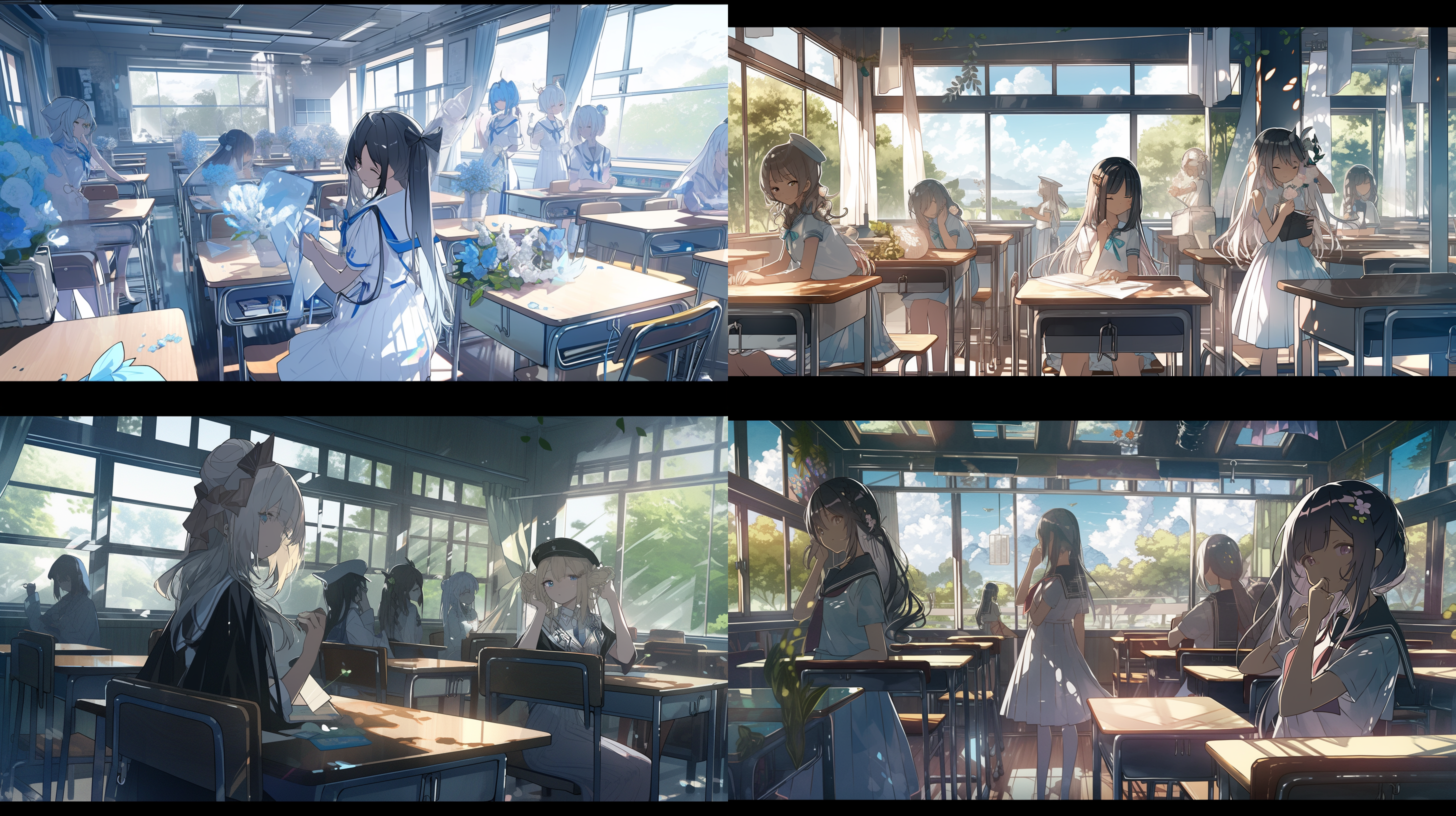 he image is a digital artwork depicting a scene in a bright, sunny school classroom. the artwork is divided into four panels, each showing a group of animestyle schoolgirls in various activities.  the girls are wearing sailorstyle uniforms and some are holding flowers. the classroom has large windows that let in abundant sunlight, and the overall atmosphere is peaceful and serene.  the art style is detailed, with soft colors and shading that creates a sense of depth and realism. the scene suggests a peaceful moment in the lives of the students.