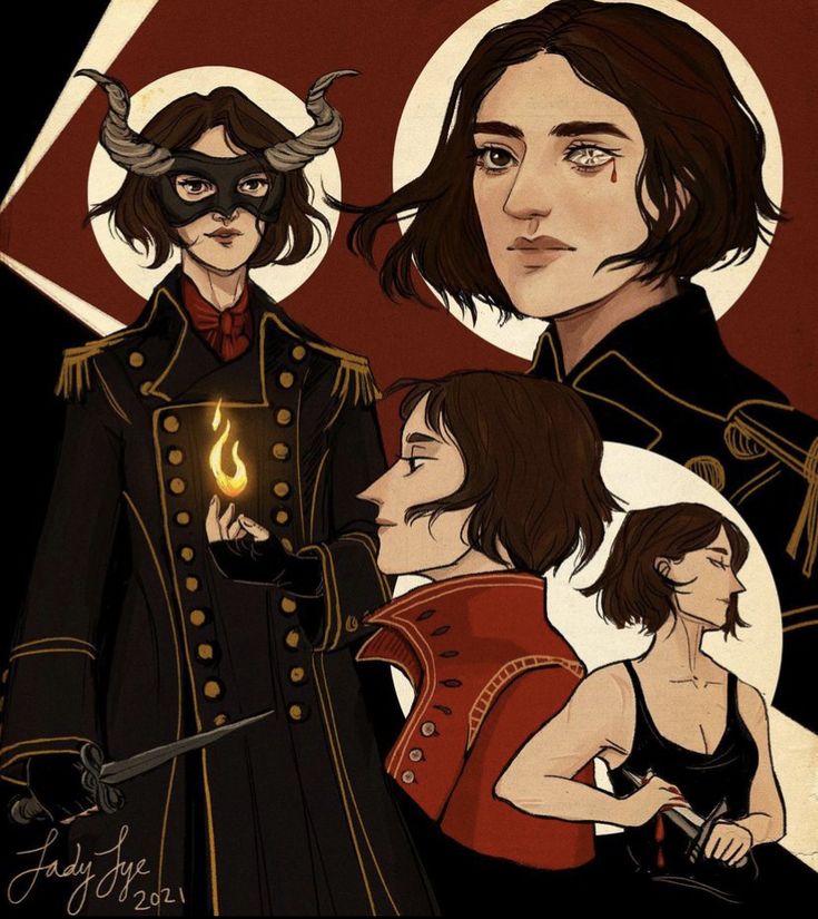 the image is a digital painting or illustration showcasing several female characters in a dark fantasy or gothic style. the central figure is a woman with short brown hair, wearing a dark militarystyle coat with gold buttons.  another prominent figure wears a black mask with horns,  a similar style coat, and holds a small flame.  other characters are depicted in various poses – one in a red jacket, another holding a bloody dagger. the overall aesthetic is dramatic and stylized, with strong use of color contrast (reds and blacks), and a sense of mystery and intrigue.  the artwork is signed "lady lye 2021".