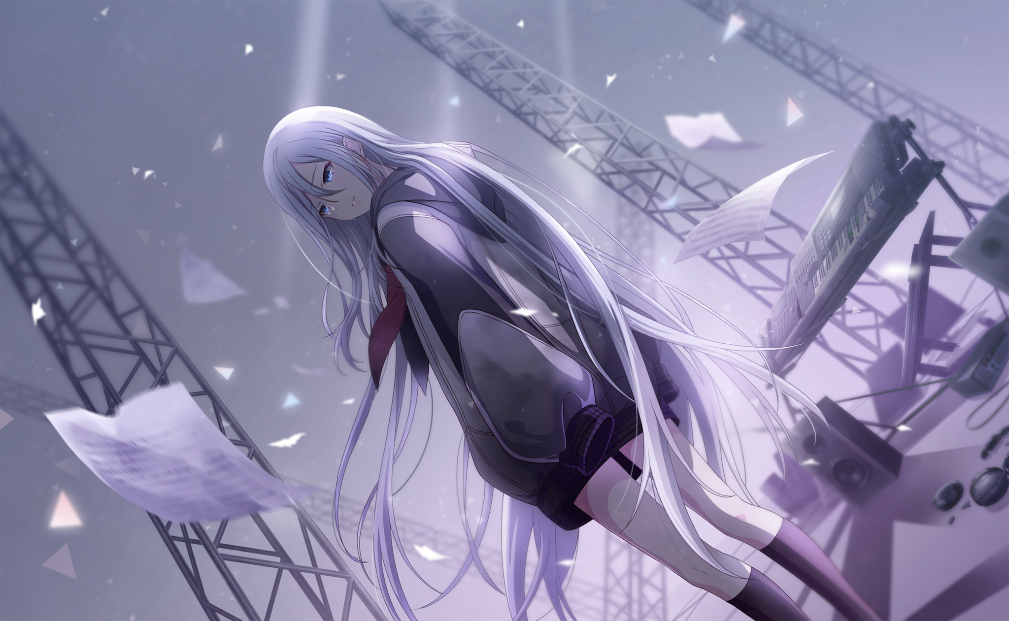 animestyle illustration of a woman with long white hair and light blue eyes, wearing a black sweater, plaid skirt, and kneehigh socks. she has a red ribbon around her neck. the background features metal scaffolding, floating sheet music, and various musical instruments like a keyboard, speaker, headphones, and microphone. the image has a monochrome, purple tint and is shot from a low angle, with stage lighting adding to the atmosphere.