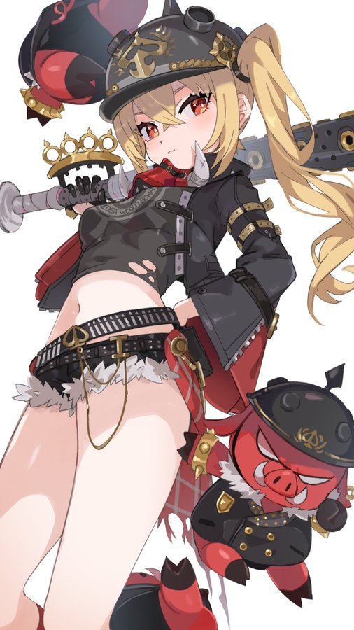 an anime girl with blonde hair in pigtails is holding a weapon with a knuckle duster on the end. she is dressed in a black leather jacket with red accents. she has a red and black pig on her shoulder.