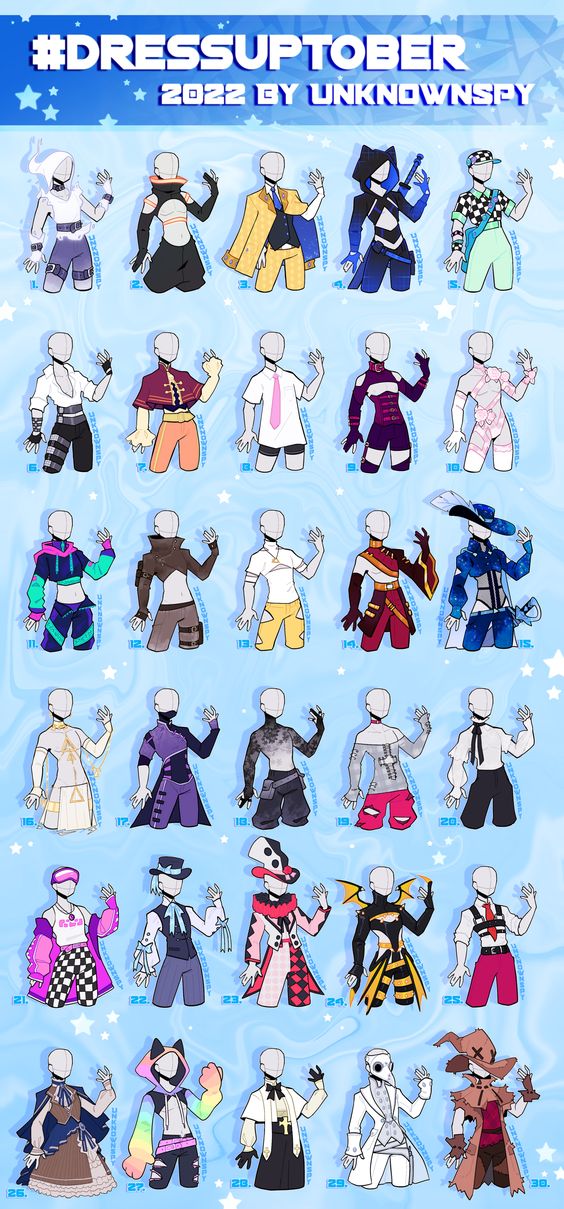 this image showcases a collection of digital character outfit designs for the art challenge "dressuptober 2022 by unknownspy". there are 31 unique outfits featuring a variety of styles and themes, all displayed on stylized, minimally detailed human figures against a light blue background with white stars. the overall aesthetic is bright, colorful, and creative.