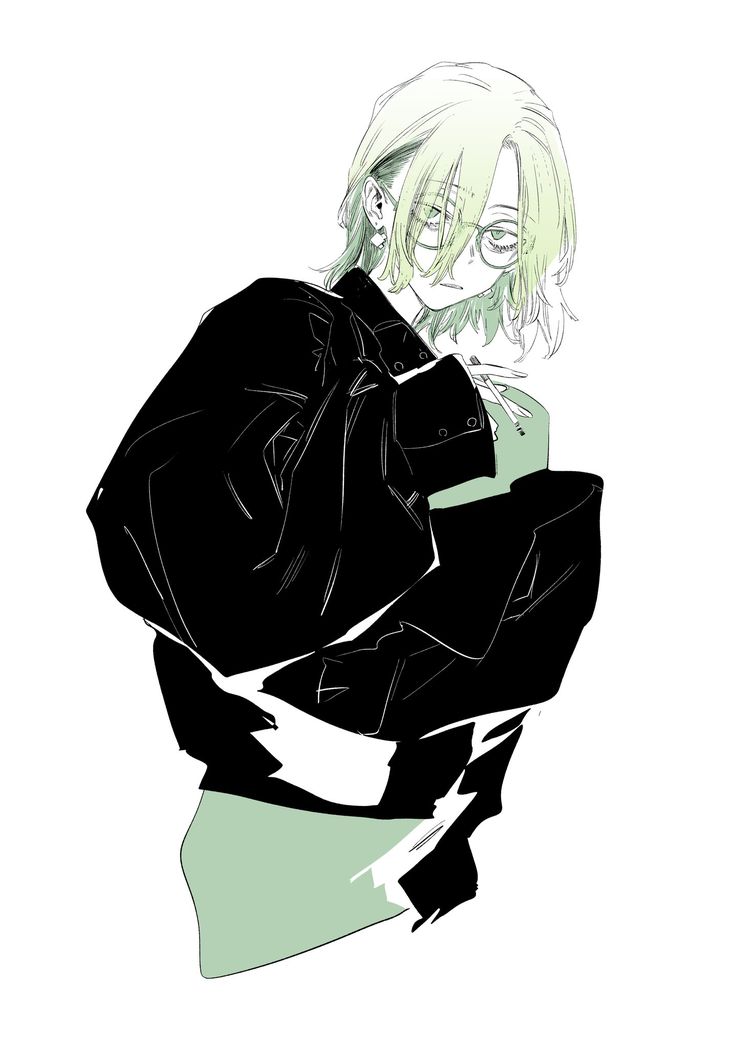 the image is an animestyle illustration or drawing of a young woman. she has long, light blonde hair and is wearing glasses. her attire consists of a large, darkcolored jacket over a lighter, possibly green, undershirt. the art style is loose and somewhat sketchy, with a mix of black ink lines and light green shading. the overall aesthetic is stylish and slightly edgy. the woman's expression is somewhat serious or reserved. the background is plain white, making the figure the sole focus.