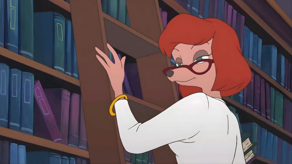 a closeup shot of an animated female character, seemingly a librarian, with vibrant red hair and glasses. she's wearing a white longsleeved shirt and a gold bangle on her wrist.  she's reaching for a book on a tall bookshelf filled with numerous books, giving a sly, almost mischievous look over her shoulder. the setting is clearly a library, with dark wooden bookshelves filled with spines of various colors and sizes visible. the style is reminiscent of classic disney animation.