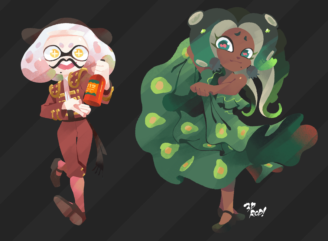 a digital illustration of two squid sisters from splatoon, callie and marie. callie is dressed in a red matador costume, holding a bottle of hot sauce. marie is wearing a green dress with avocado patterns, and she appears to be dancing. the background is a dark grey with diagonal stripes, creating a sense of movement and energy. the illustration has a cute and playful style, with the characters being drawn in an exaggerated and cartoonish manner.