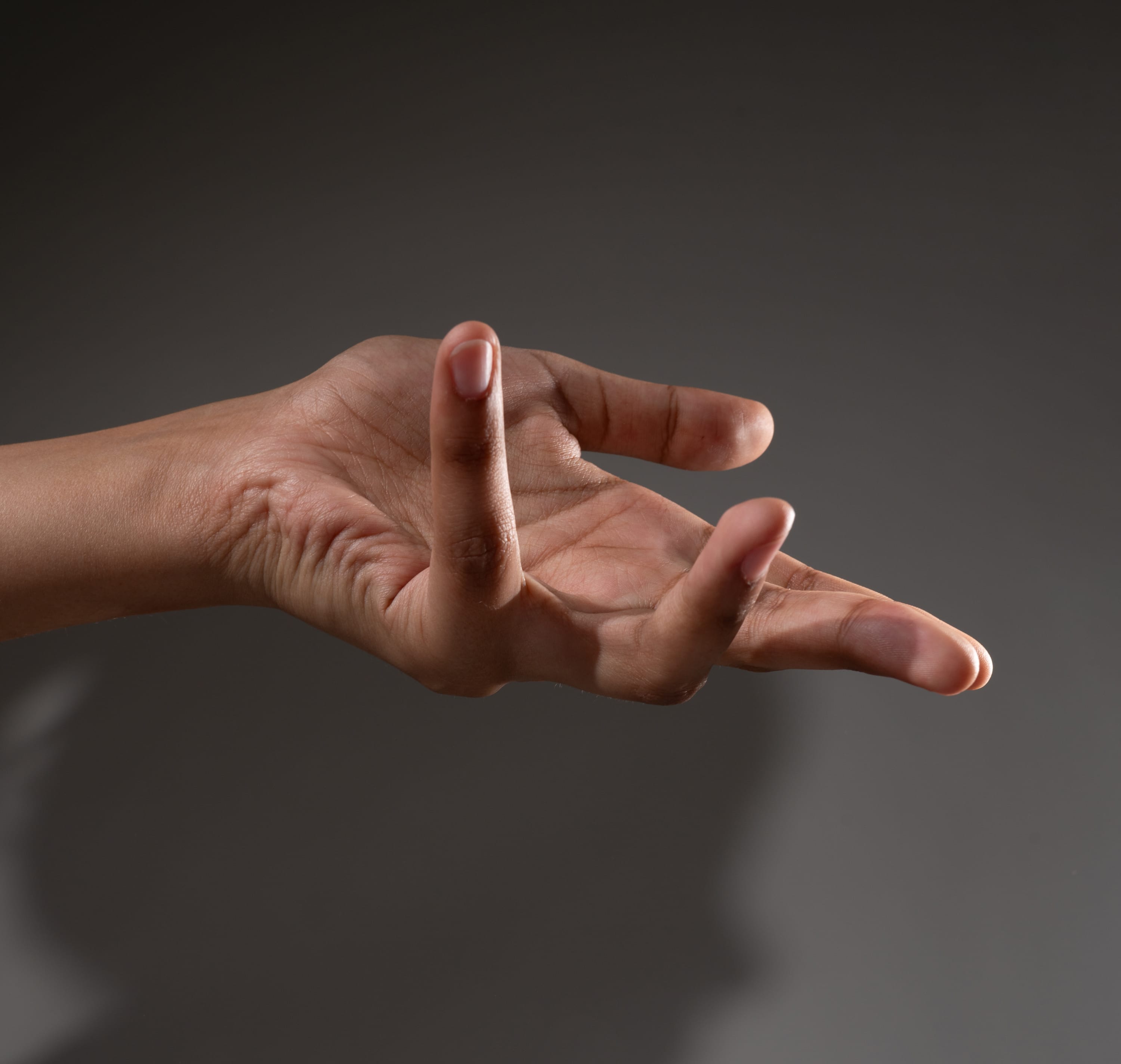 the image shows a single hand extended outward with an open palm, as if asking for something or gesturing to receive. the hand belongs to an adult with medium skin tone. the background is a neutral gray color, and artificial lighting is used to cast a strong shadow below the hand, enhancing the threedimensionality of the image.